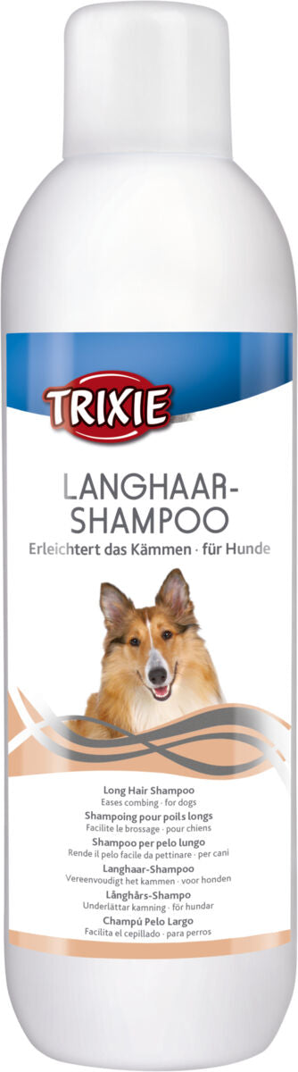 Flasche mit weißem Etikett, blauer Oberseite und Bild eines Hundes, Text "Langhaar-Shampoo, Erleichtert das Kämmen, für Hunde".