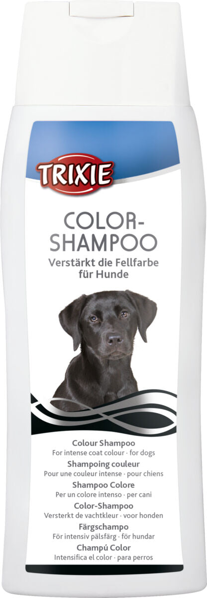 Weiße Flasche Shampoo mit schwarzem Hundebild, Text "TRIXIE Color-Shampoo verstärkt die Fellfarbe für Hunde".