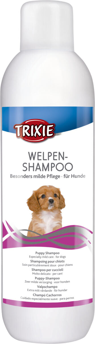 Hundeshampoo-Flasche mit "TRIXIE Welpen-Shampoo" Text, Bild eines Welpen und Informationen in mehreren Sprachen.
