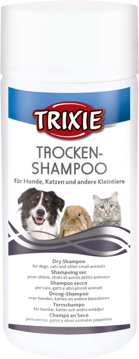 Weiße Dose mit blauem Etikett und rot-weißem Logo, darauf Trockenshampoo für Hunde, Katzen und Kleintiere.