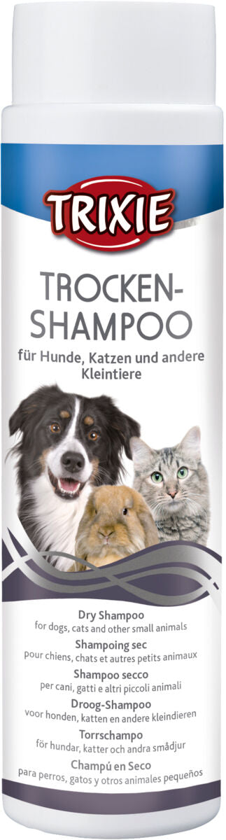 Eine Flasche Trockenshampoo für Hunde, Katzen und Kleintiere von Trixie, blaues Etikett mit Tierabbildungen.