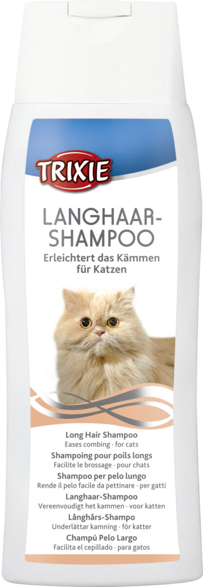 Eine weiße Shampooflasche mit Aufschrift "Langhaar-Shampoo", Trixie-Logo und Bild einer langhaarigen Katze.