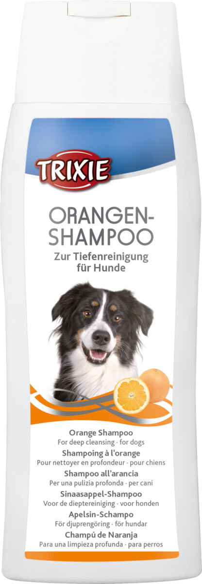 Flasche Orangen-Shampoo für Hunde von Trixie mit Bild eines Hundes und Orangen auf weißem Hintergrund.