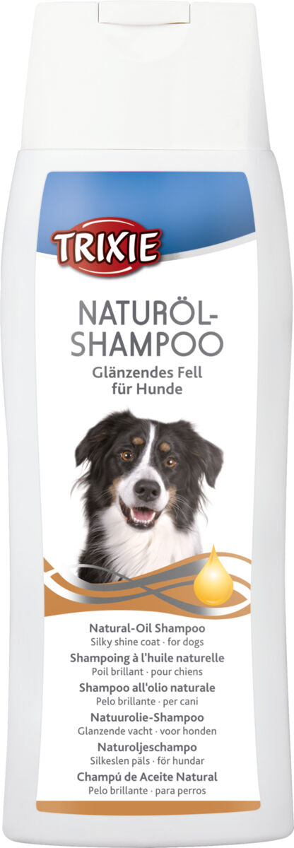 Hundeshampoo-Flasche mit der Aufschrift "Naturöl-Shampoo Glänzendes Fell für Hunde" und dem Bild eines lächelnden Hundes.