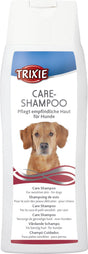 Hundeshampoo-Flasche mit der Aufschrift "Care-Shampoo" und dem Bild eines Hundes, für empfindliche Haut.