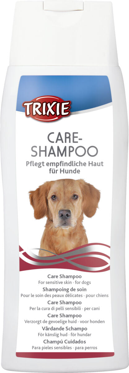 Hundeshampoo-Flasche mit der Aufschrift "Care-Shampoo" und dem Bild eines Hundes, für empfindliche Haut.