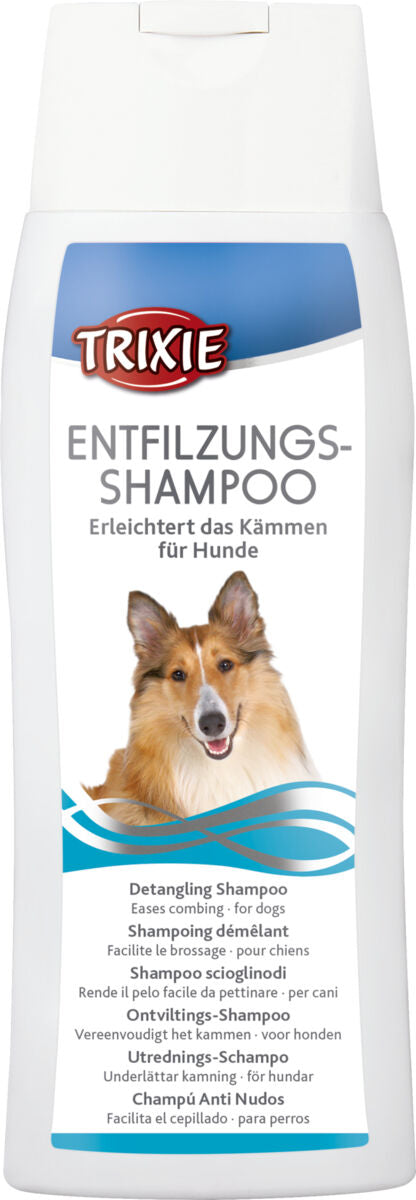 Hundeshampoo-Flasche mit dem Aufdruck "Entfilzungs-Shampoo" von Trixie, erleichtert das Kämmen, mit Hundebild.