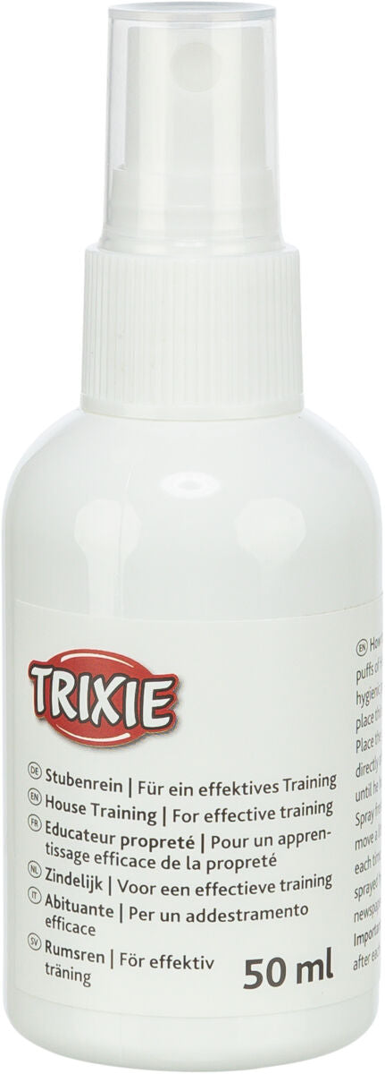 Weißes Sprayfläschchen mit dem Logo "TRIXIE" und verschiedenen Sprachbeschreibungen für stubenreines Training, 50 ml.
