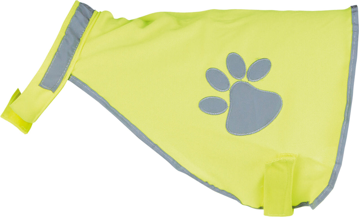 Gelbe Hundejacke mit grauer Pfotenapplikation und reflektierenden Details, Klettverschlüsse sichtbar.