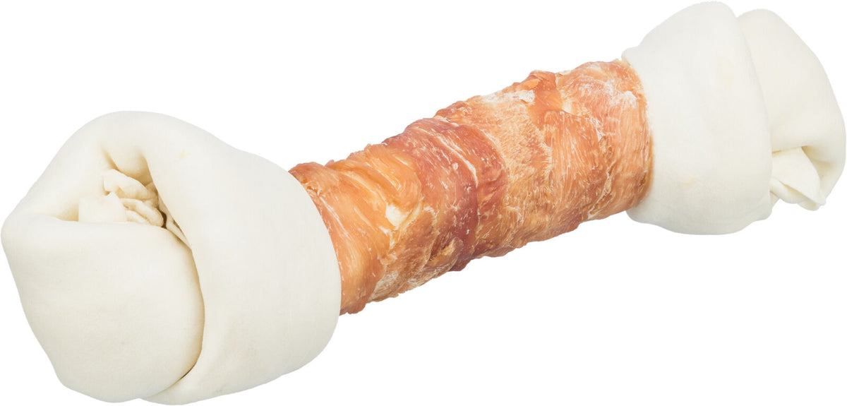 Knochenförmiges Hundekauspielzeug mit weißen Enden und einem mittleren Abschnitt in braunen und orangefarbenen Tönen.