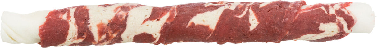 Rolle mit rot-weißer marmorierter Oberfläche, die an einen Kauknochen erinnert.