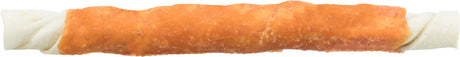 Stäbchen mit weißem Kern und orangener Ummantelung, das wie ein Haustiersnack aussieht.