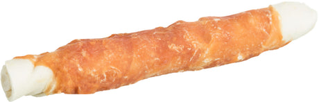 Gebogener Hundekauartikel aus weißem und orangefarbenem Material mit glatter und unregelmäßiger Oberfläche.