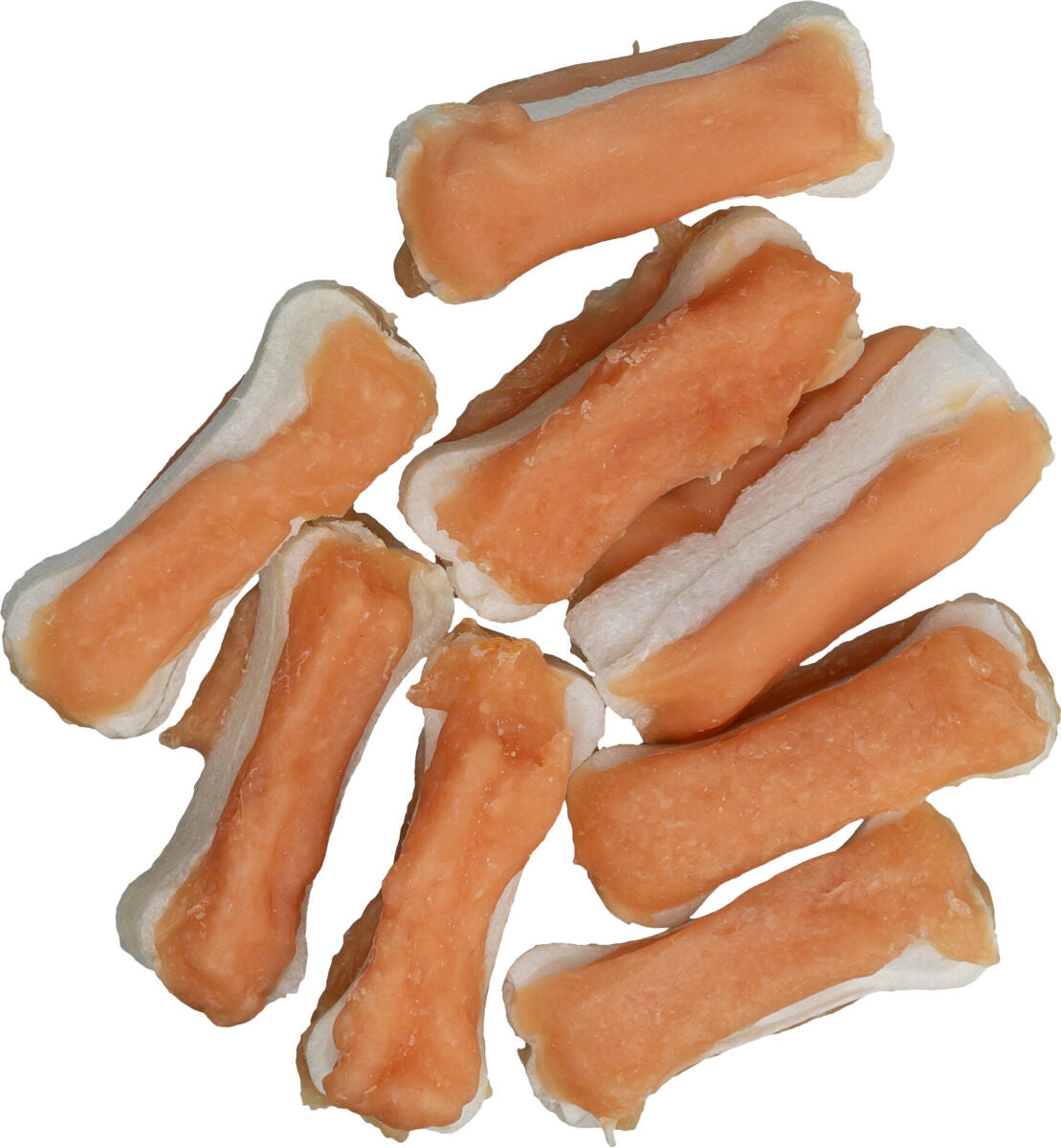 Mehrere orangefarbene, knochenförmige Kaustangen mit weißem Rand auf weißem Hintergrund.