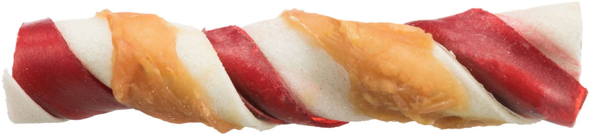 Gerollter Kauknochen mit abwechselnden Streifen in Rot, Weiß und einem beigefarbenen Überzug.