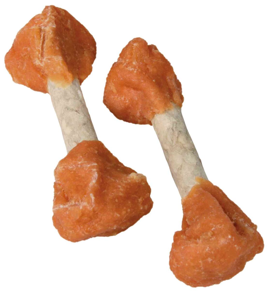 Zwei orange-weiße Kauknochen mit knochenförmigen Enden aus einer braunen Substanz auf weißem Hintergrund.