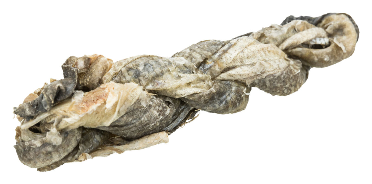 Ein gedrehtes, getrocknetes Stück in beige-braun Tönen, das strukturiert und länglich erscheint.