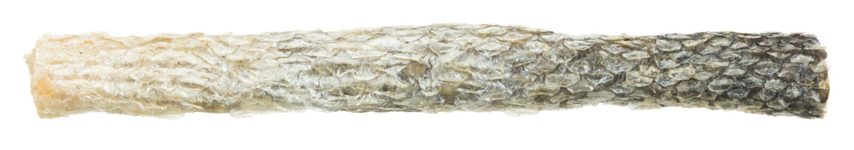 Gerollte getrocknete Fischhaut mit schuppiger Textur, überwiegend in Beige und Grau gehalten.