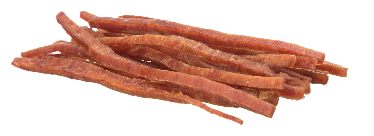 Ein Stapel von langen, schmalen, braunen Streifen, die wie getrocknete Fleischstreifen aussehen.