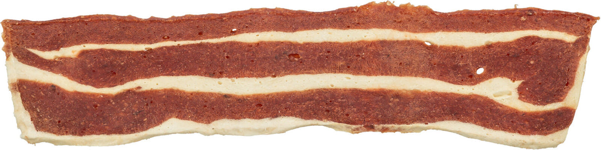 Ein Stück braun-weißes Material mit unregelmäßigen Rändern, das an zwei Streifen rohes Fleisch erinnert.