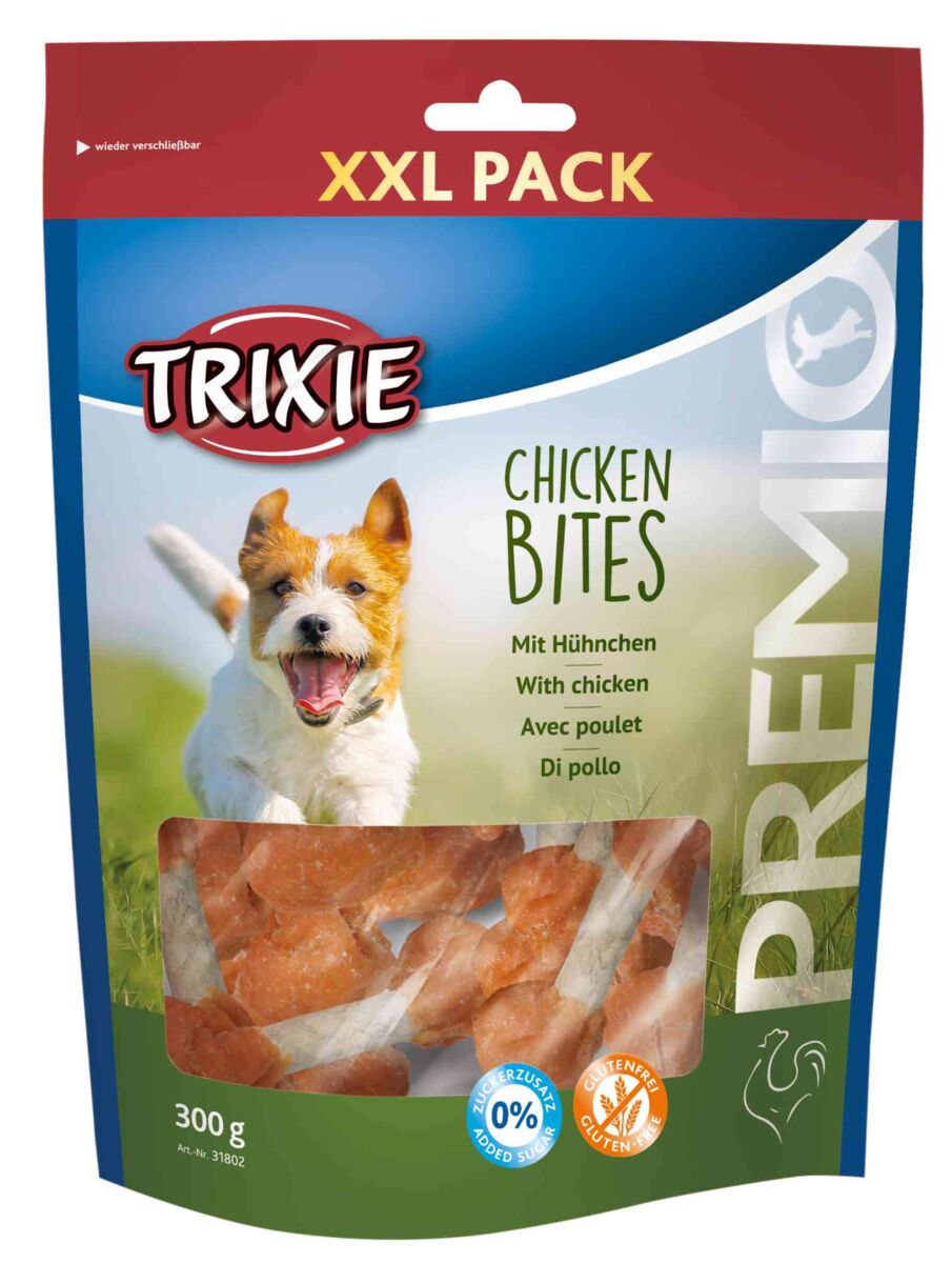 Tüte mit Hundesnacks "TRIXIE Chicken Bites" aus Huhn, 300 g, glutenfrei, wiederverschließbar, XXL Pack.