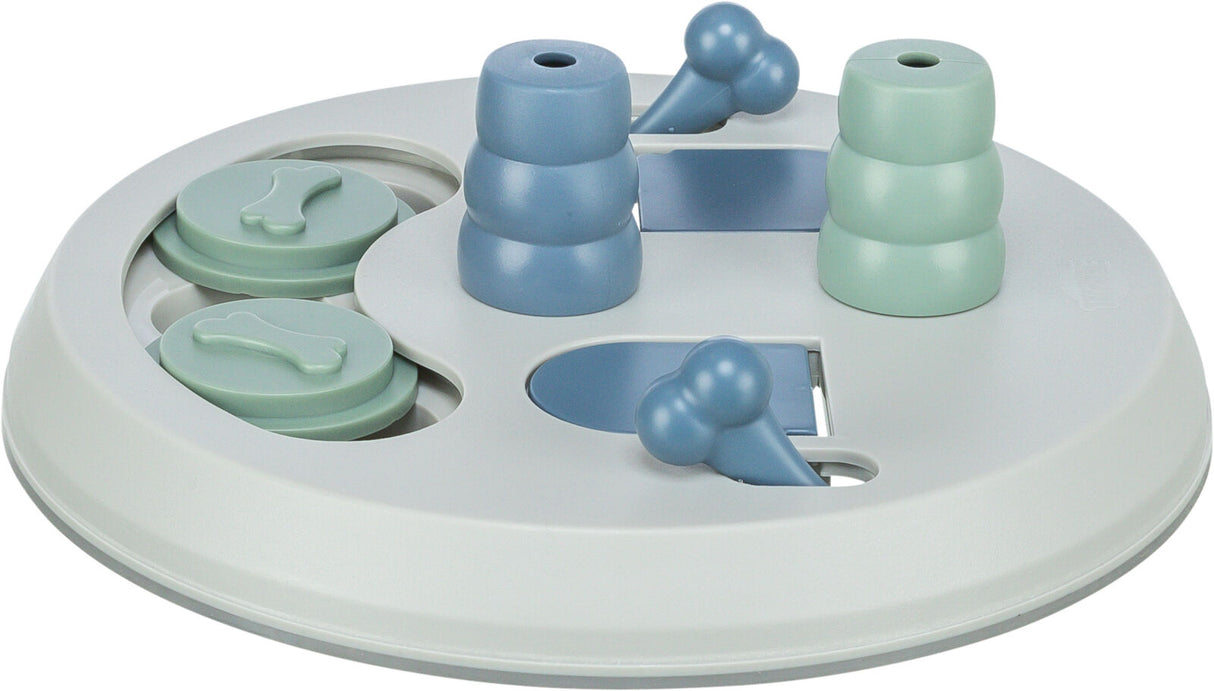 Rundes Spielzeug für Hunde in Grau und Blau mit beweglichen Teilen und Knochenmotiven.