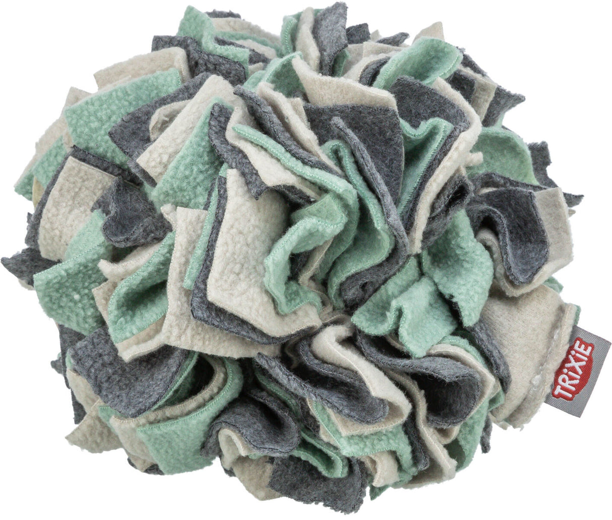 Weicher, kugelförmiger Ball aus Stofflagen in Grau, Creme und Mint mit sichtbarem Etikett von Trixie.