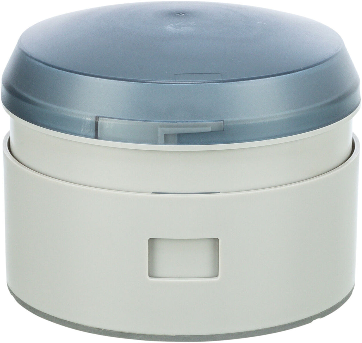 Runder, zweifarbiger Behälter mit grauem Deckel und beigem Unterteil, rechteckige Aussparung an der Seite.