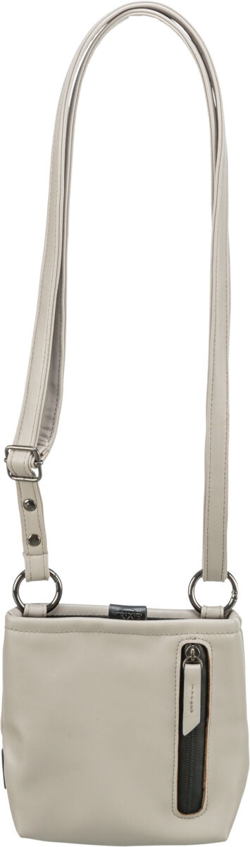 Beigefarbene Umhängetasche mit langem Trageriemen und seitlichem Reißverschlussfach.
