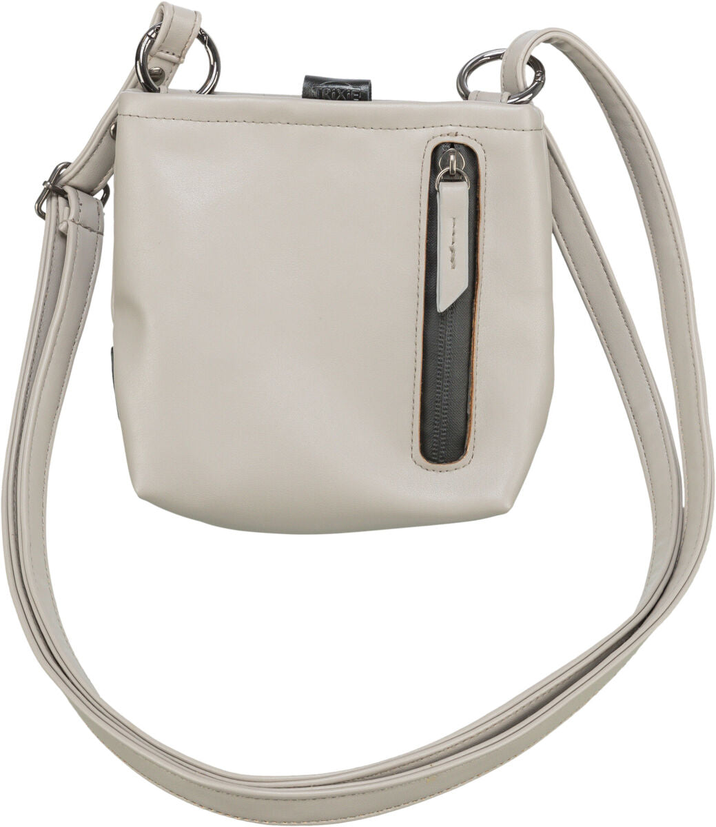 Beige Umhängetasche mit Reißverschlusstasche und langem verstellbarem Schulterriemen.