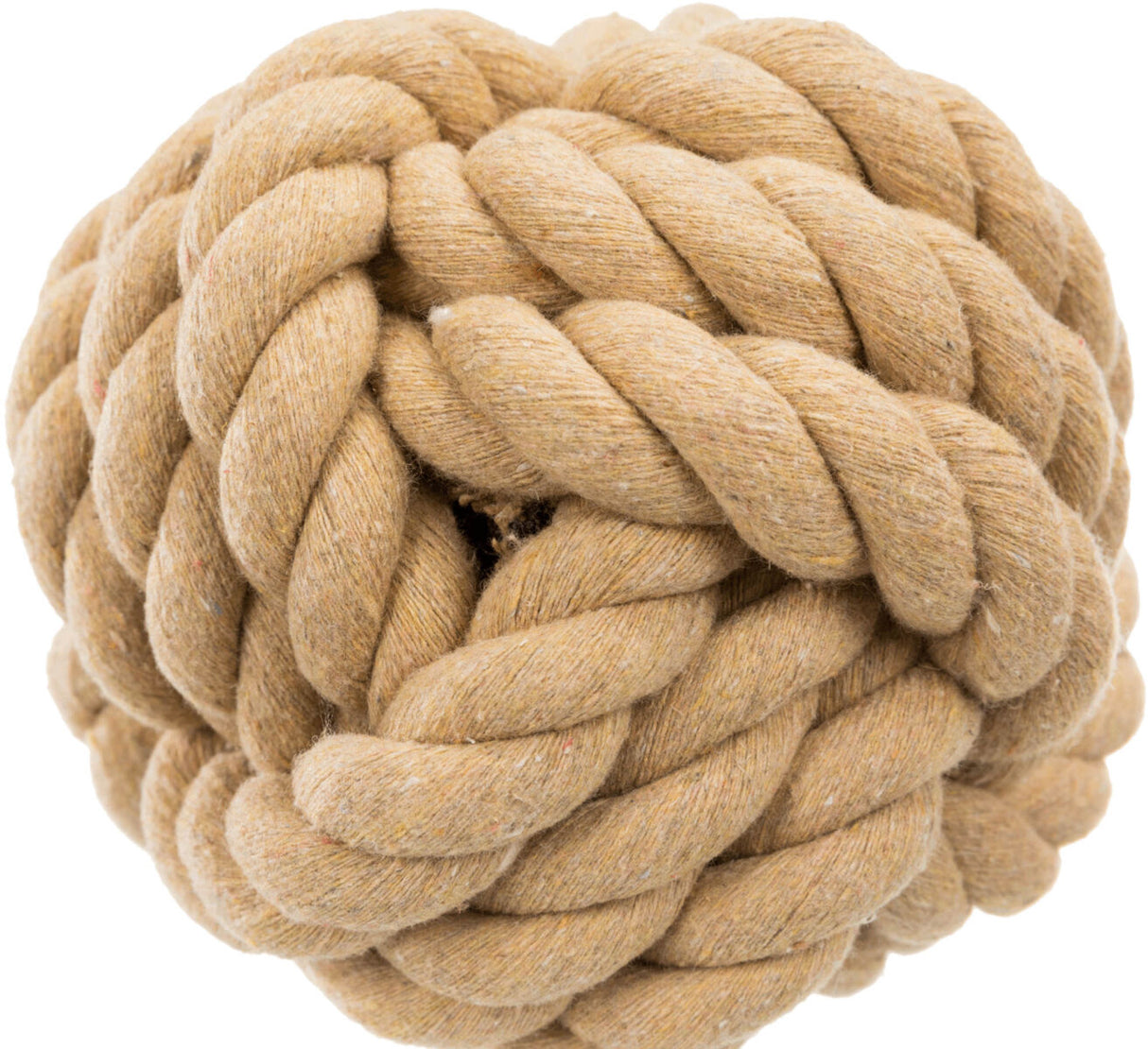 Beigefarbener, eng geflochtener Ball aus dickem Seil, knotig geformt.