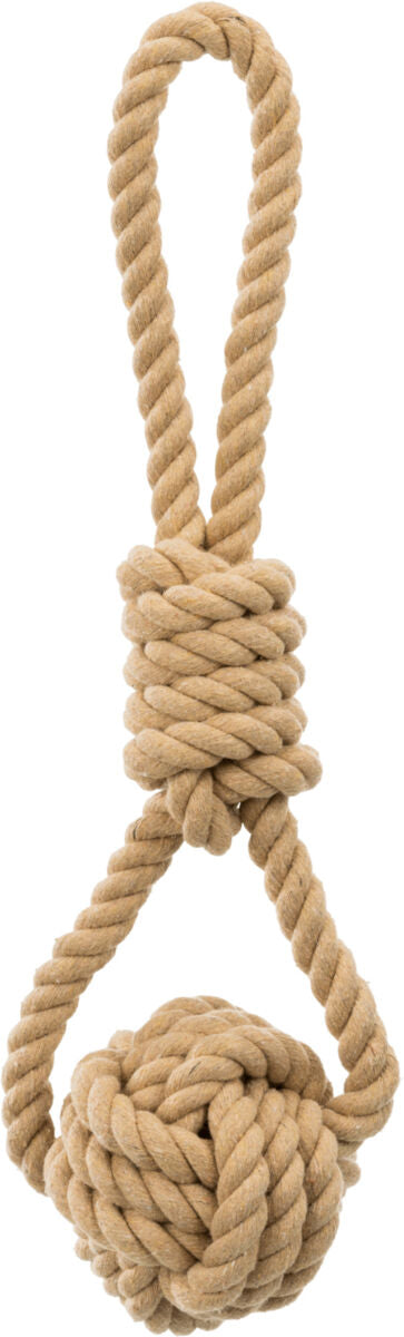 Spielzeug aus beigefarbener, gedrehter Kordel mit Schlaufe und Knoten am Ende.