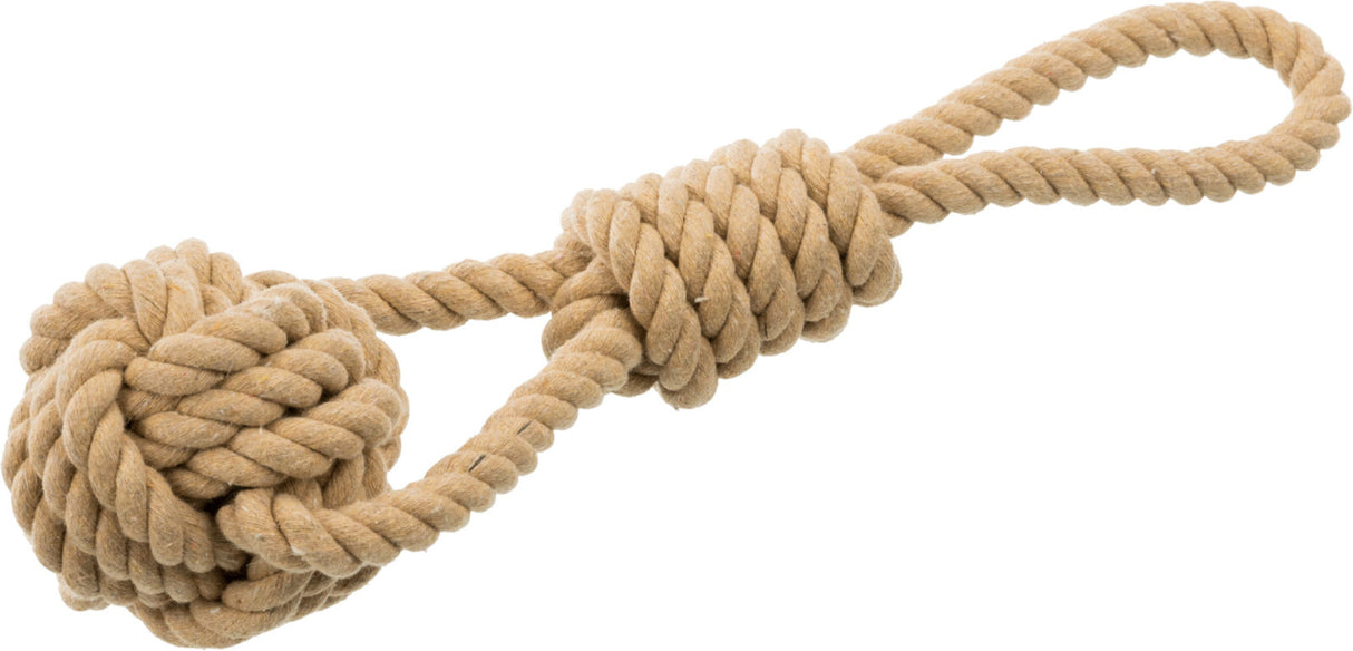 Beigefarbenes Seilspielzeug mit geknotetem Ball und Schlaufengriff aus dickem, gedrehtem Seil.