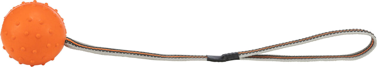 Orange Spielzeugball mit Noppen, an einem schwarz-grau-orange gestreiften Stoffband befestigt.