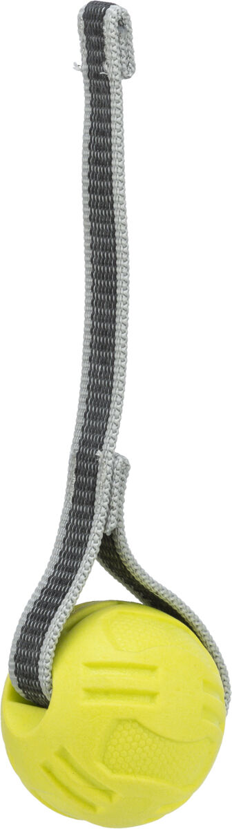 Gelber Ball mit strukturierter Oberfläche, an einem schwarzen und grauen gewebten Band befestigt.