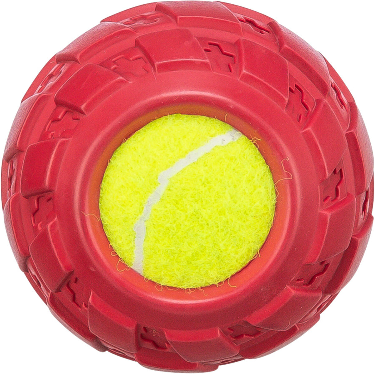 Roter Gummiball mit strukturierten runden Elementen, enthält einen gelben Tennisball in der Mitte.