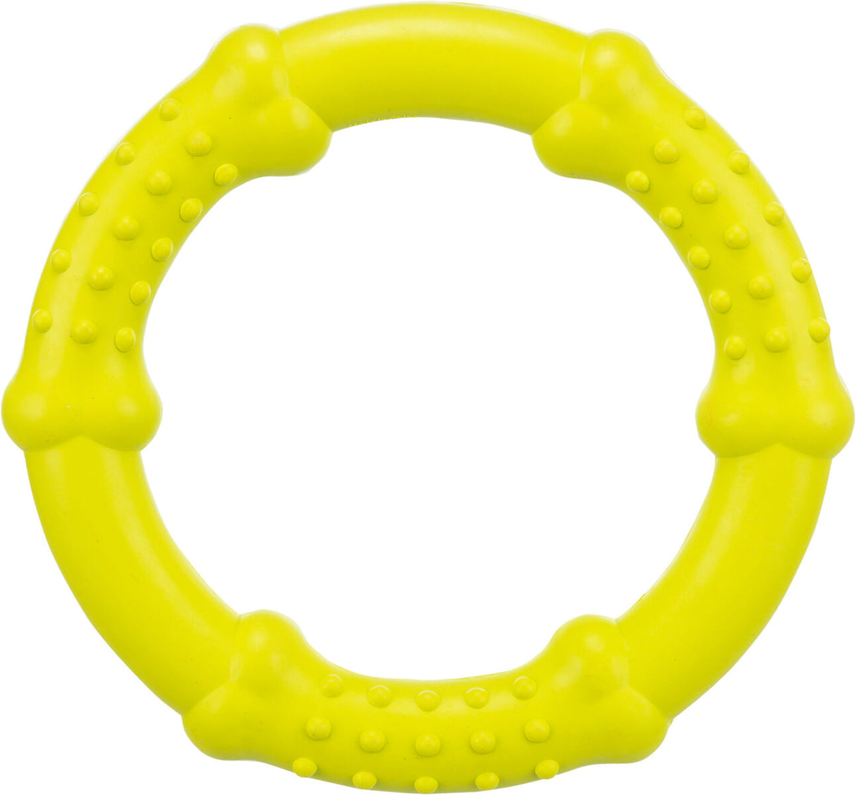 Gelber Kunststoffring mit hervorstehenden Noppen und knochenförmigen Ausbuchtungen, kreisförmiges Design.