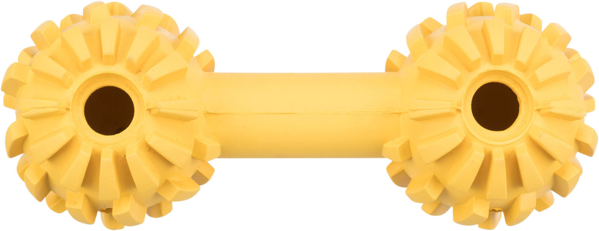 Gelbes, doppelseitiges Spielzeug mit strukturierten Enden und einem verbindenden zylindrischen Griff.