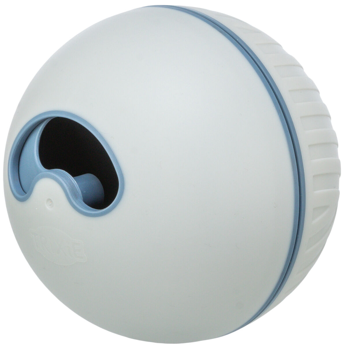 Weiße, runde Kugel mit blauen Akzenten und Öffnung, möglicherweise ein Spielzeug oder Behälter.
