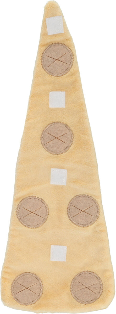 Gelbes, dreieckiges Plüschobjekt mit fünf runden beige Patches und fünf weißen quadratischen Bereichen.