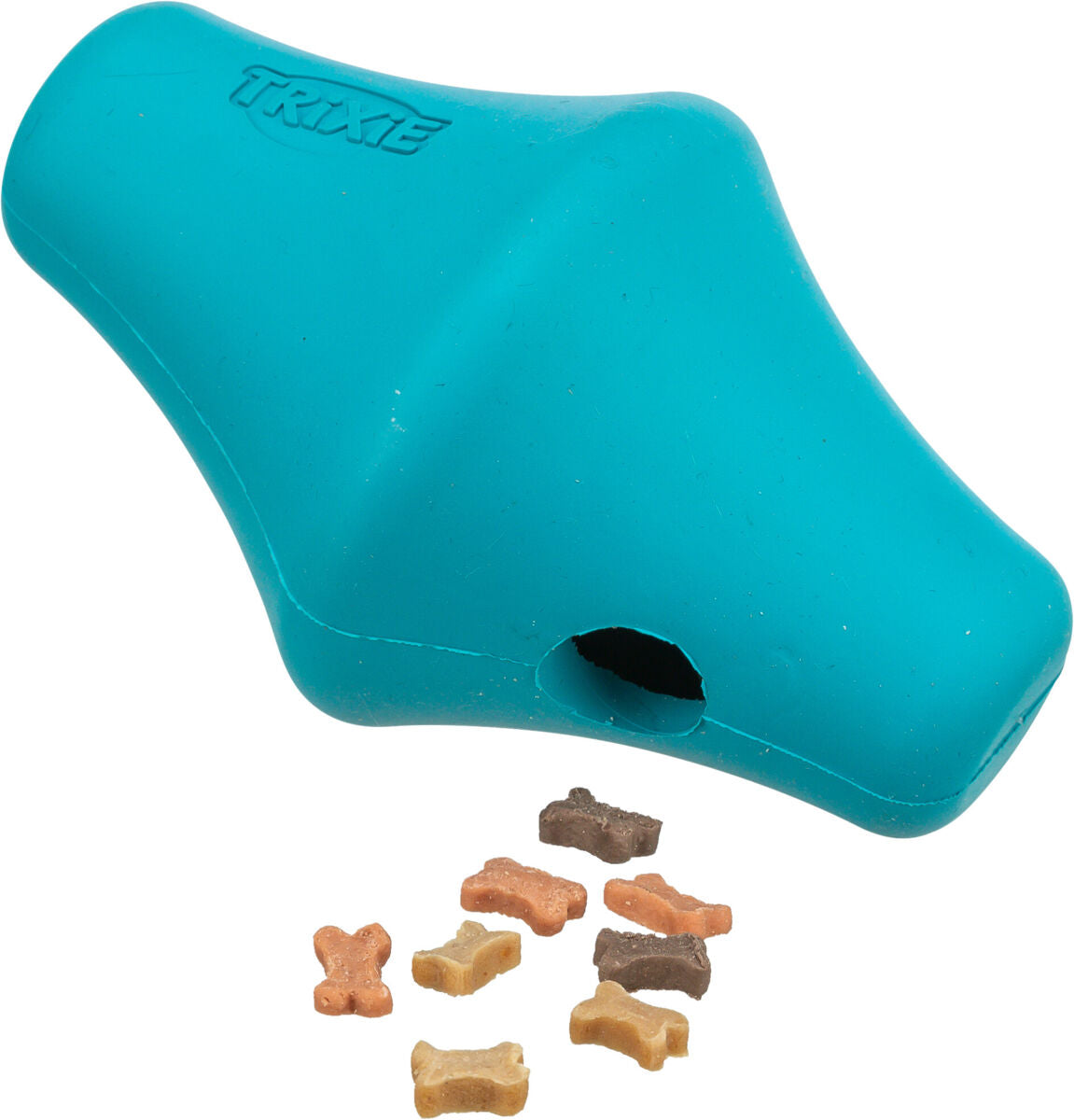 Ein türkisfarbener Hundespielzeugbehälter mit Loch, daneben liegen kleine, verschiedenfarbige, knochenförmige Leckerli.