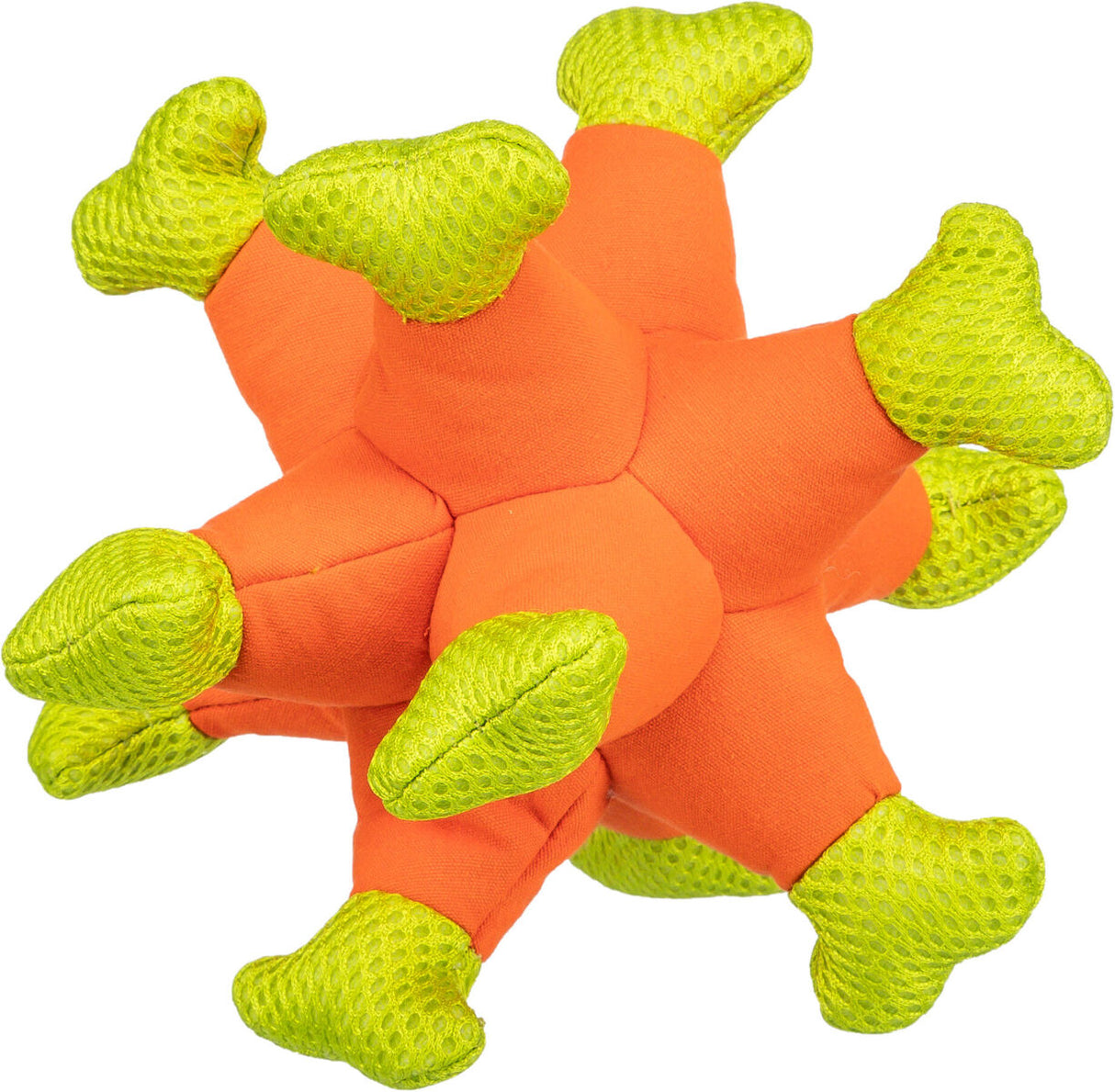 Weiches, orangefarbenes Spielzeug mit mehreren grünen, strukturierten Beinen in sternförmiger Anordnung.