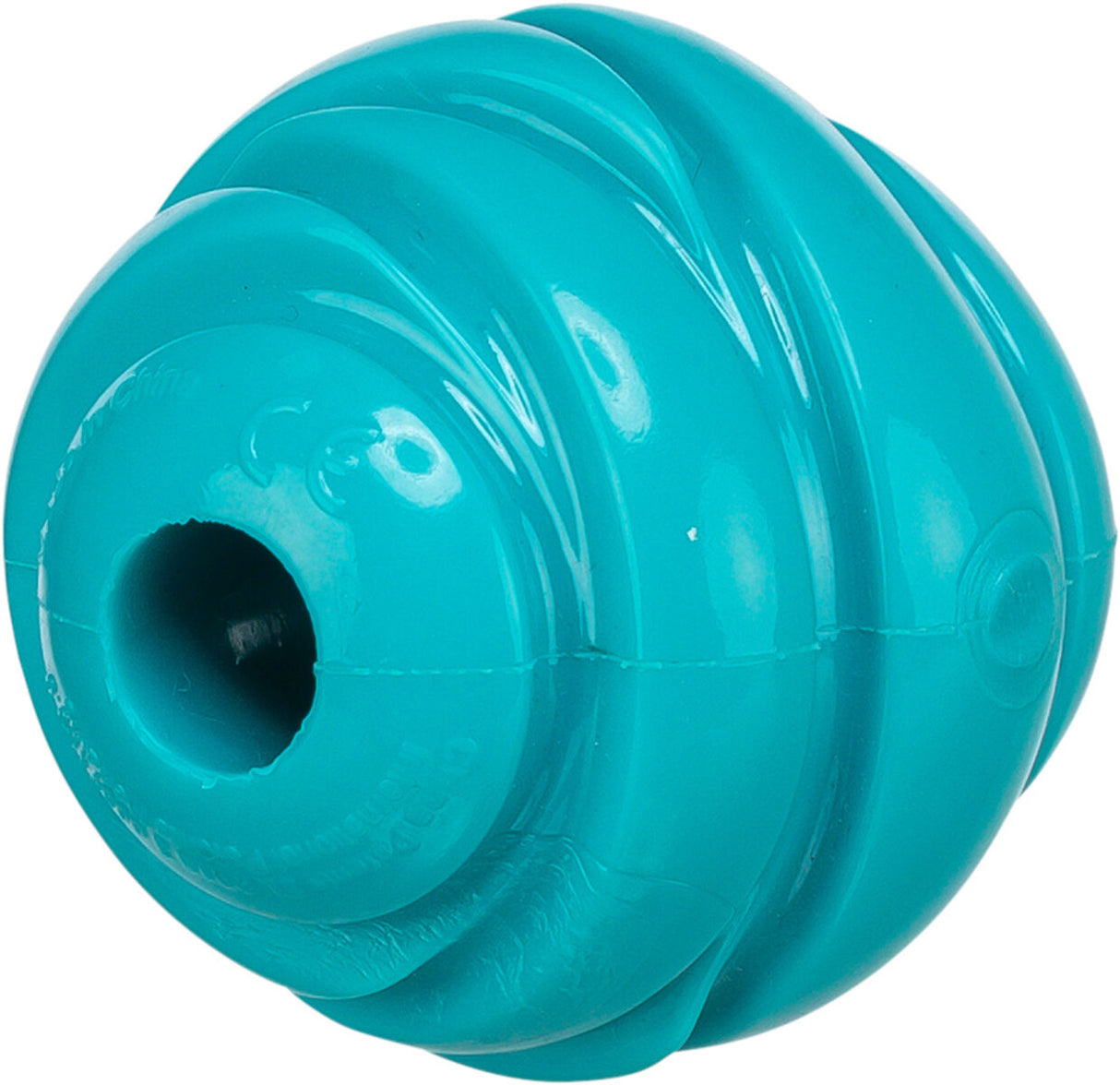 Türkisfarbener Ball mit spiralförmigem Design und einem Loch in der Mitte, glänzende Oberfläche.