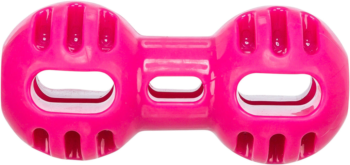 Pinkes, längliches, hohles Spielzeug mit zwei runden Enden und ovalen Öffnungen in der Mitte.