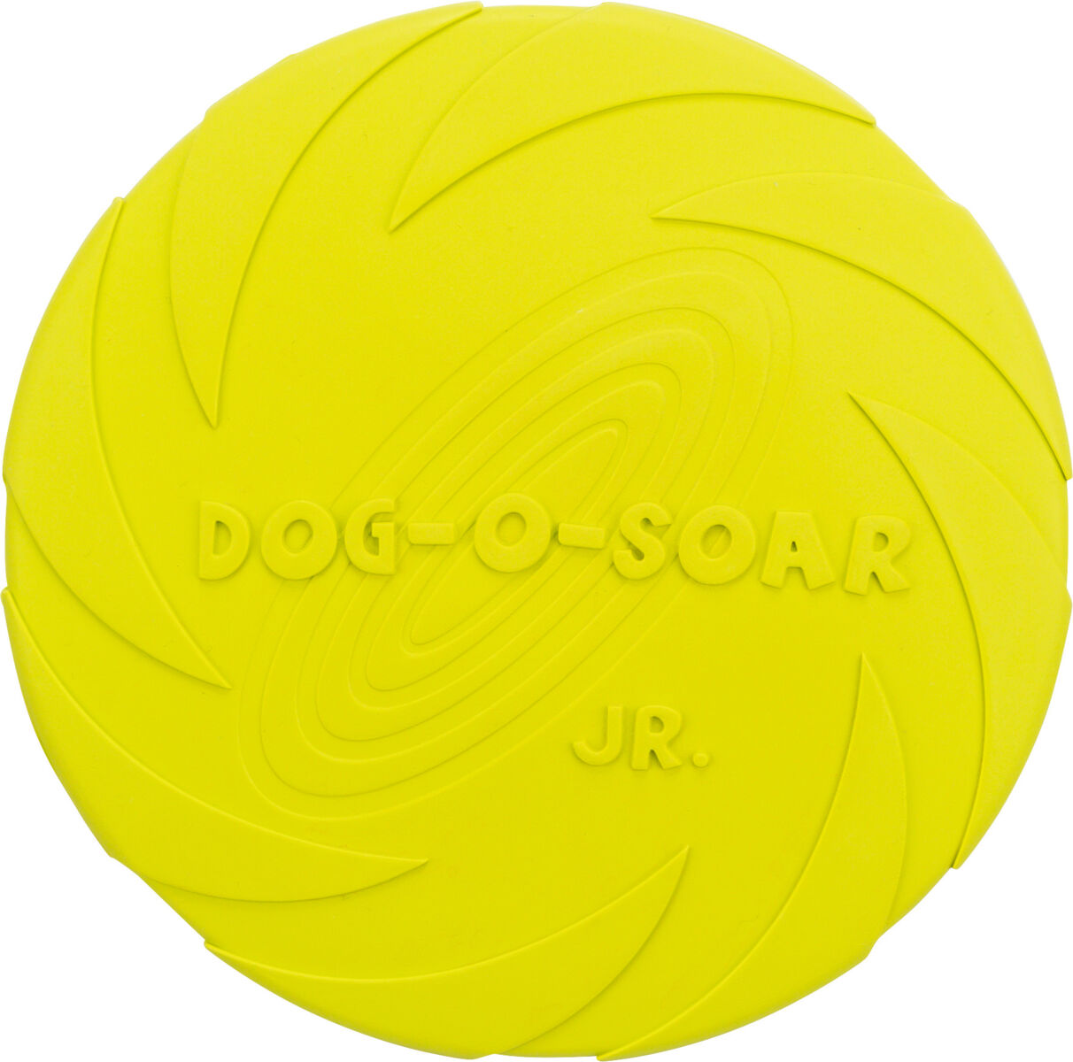Runde, gelbe Scheibe mit Schriftzug "DOG-O-SOAR JR." und spiralförmiger Textur auf der Oberfläche.