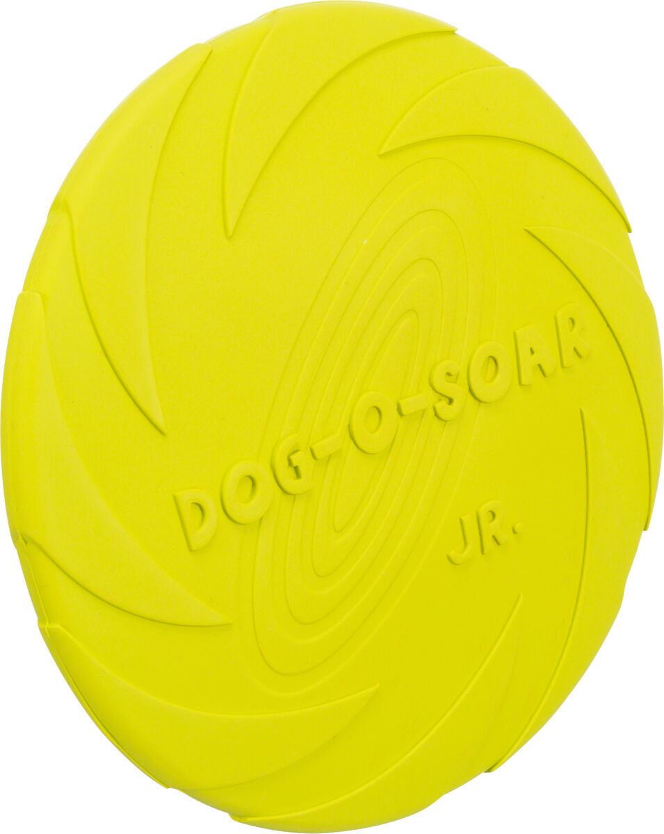 Gelbe runde Scheibe mit dem Schriftzug "DOG-O-SOAR JR." in geripptem Design.