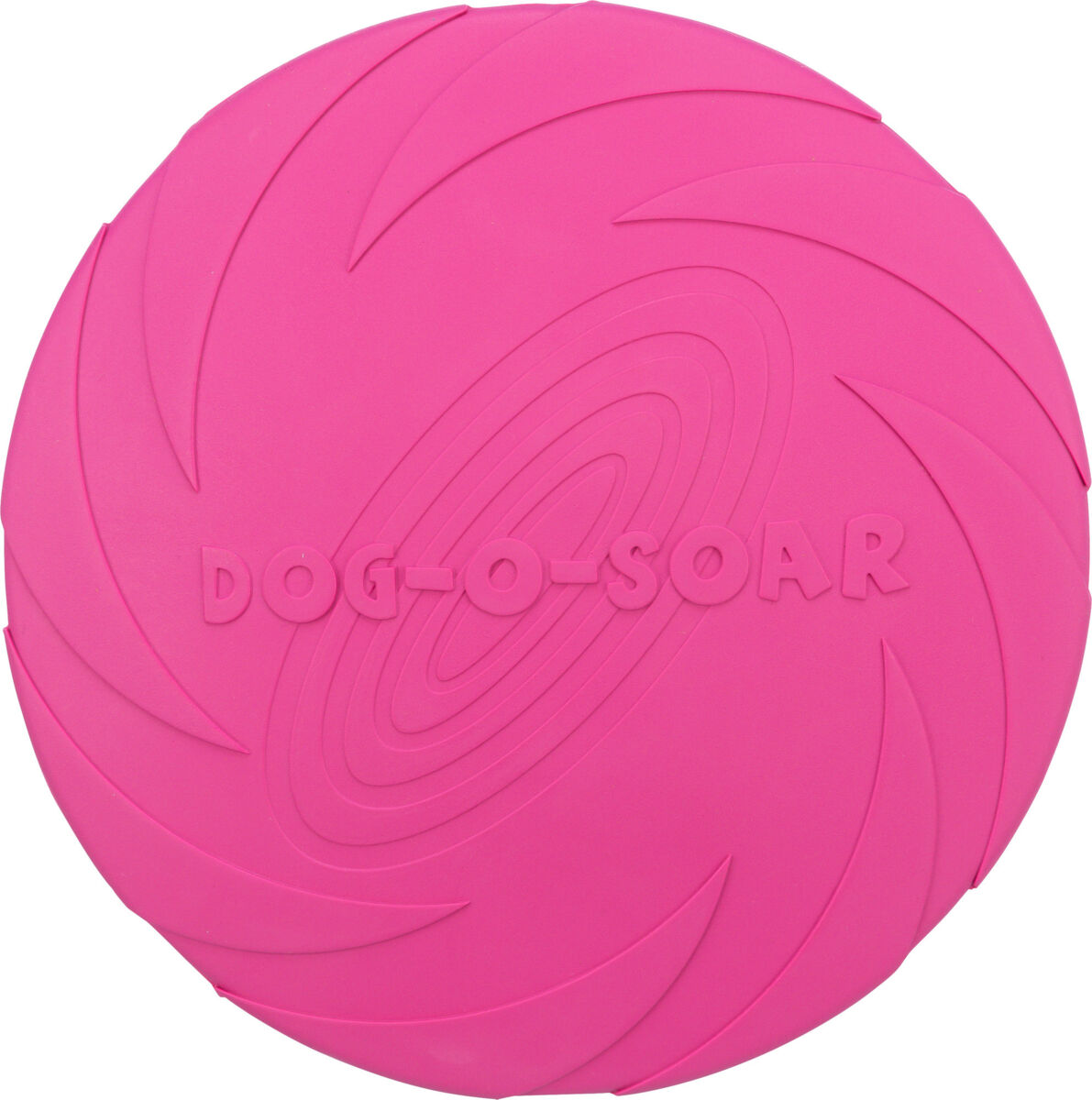Runde, pinke Scheibe mit spiralförmigem Design und der Aufschrift "DOG-O-SOAR" in der Mitte.