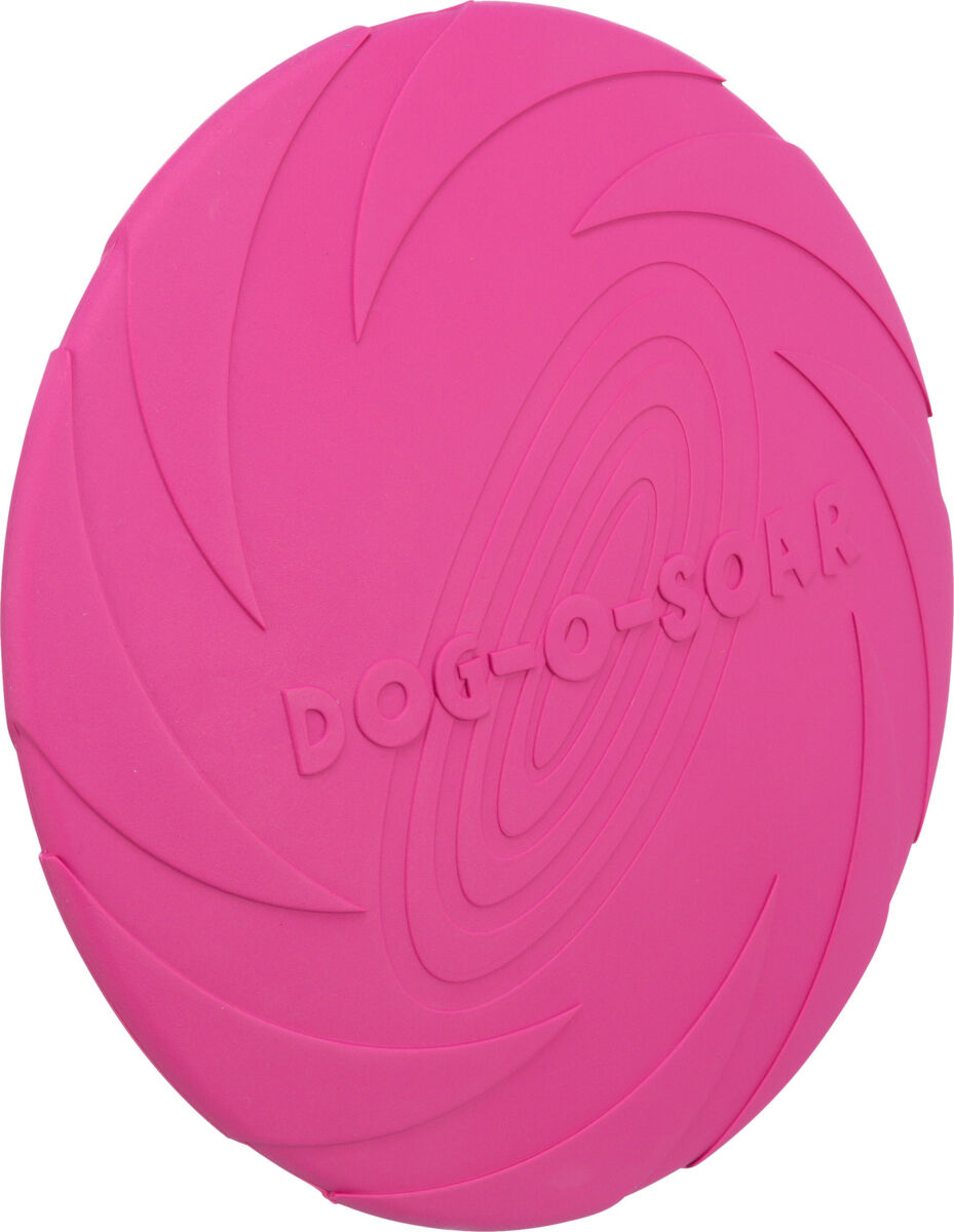 Runde, rosa Frisbeescheibe mit dem Schriftzug "DOG-O-SOAR" und eingraviertem Linienmuster.