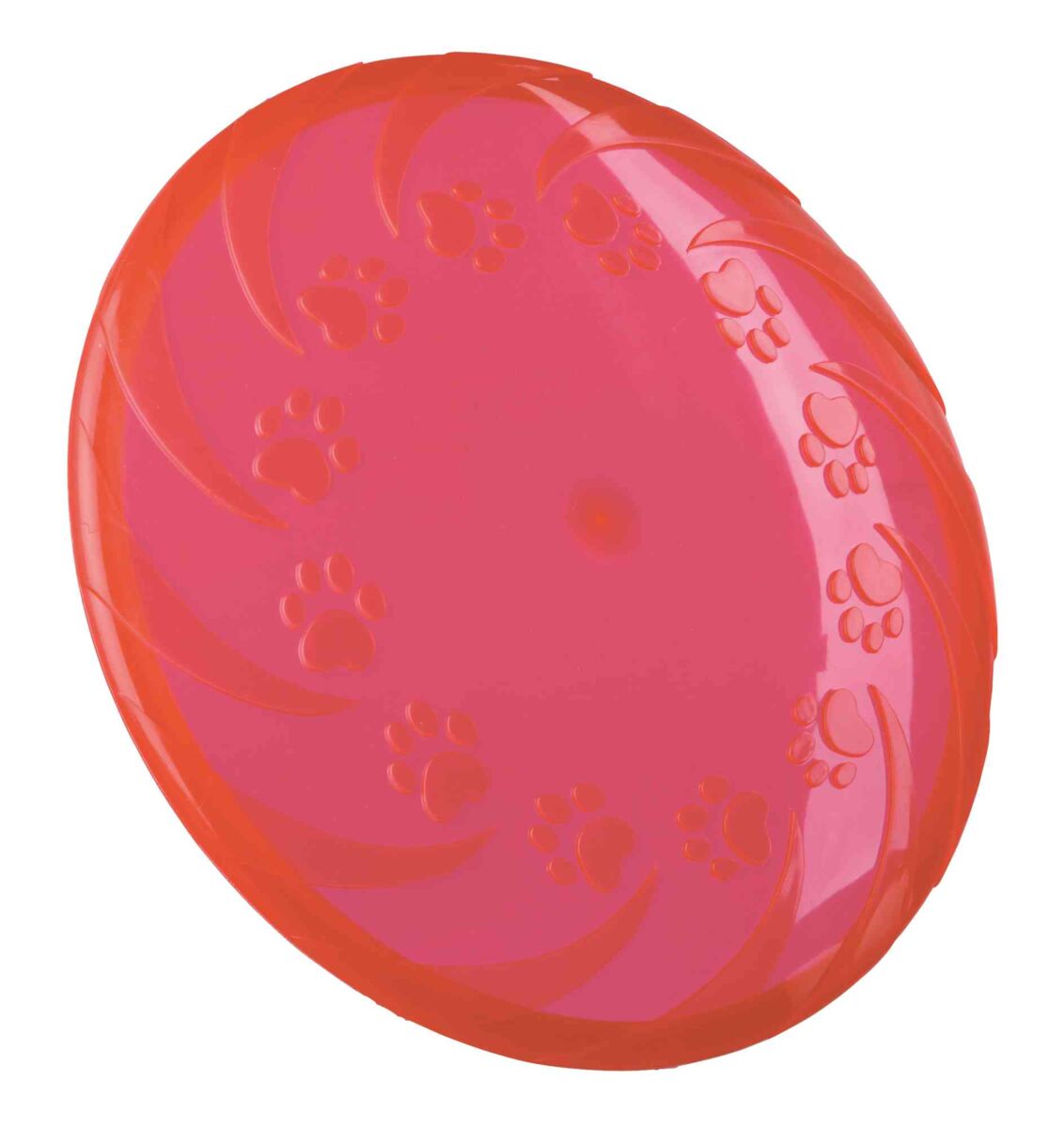 Rundes, rotes Spielzeug aus Kunststoff mit Paw-Print-Muster auf der Oberfläche.