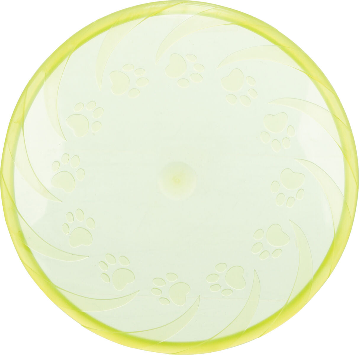 Runder, gelber Kunststoffteller mit eingravierten Pfotenabdrücken und gewellten Mustern entlang des Randes.